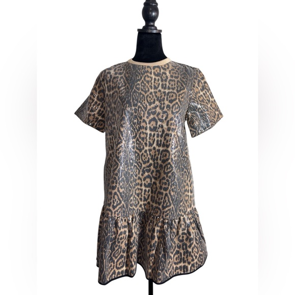 Strut and Bolt Sequin Taupe Leopard Mini Dress Size Small NWT - Picture 2 of 11